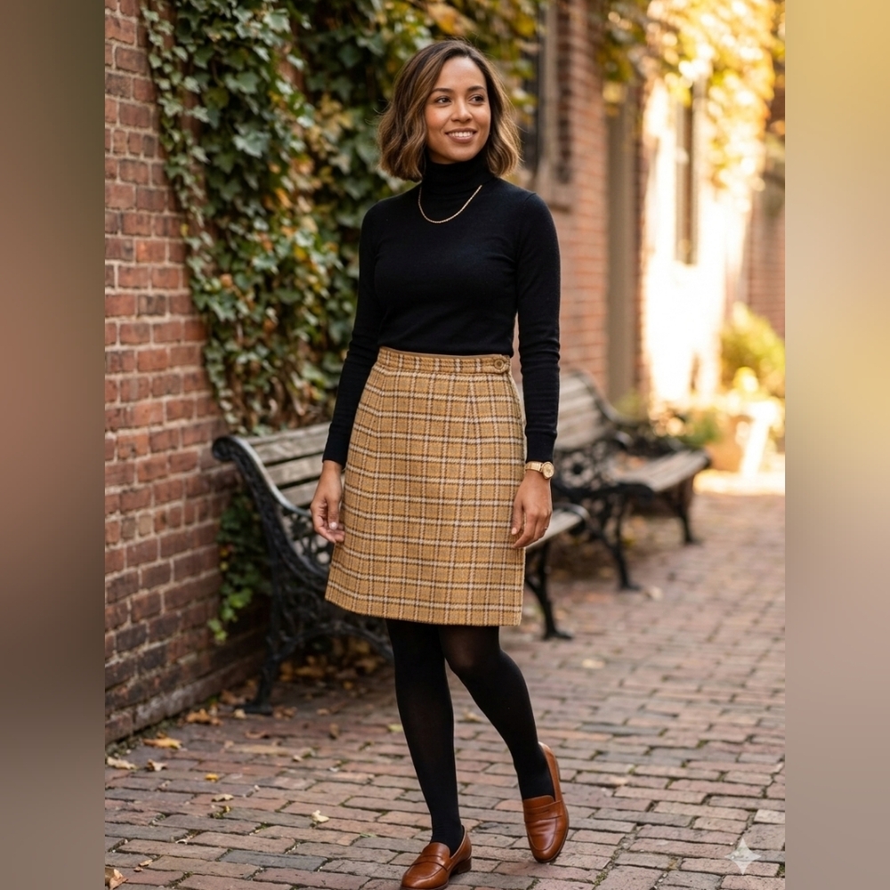 Vtg 60s Corner House Mustard Plaid Wool Tweed Mini Skirt Lined Metal Zipper L/XL